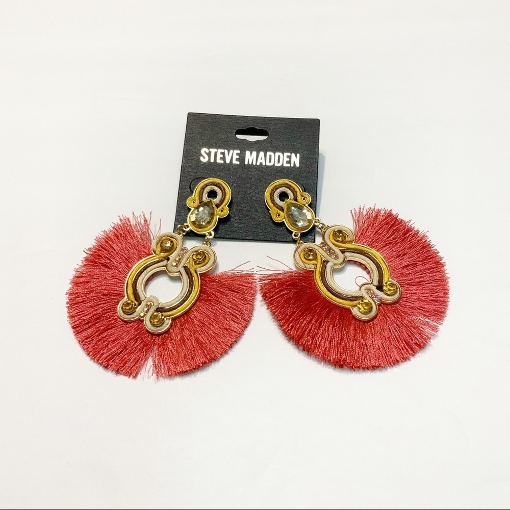 Steve Madden Gold Tone Pink Statement Earrings NEW